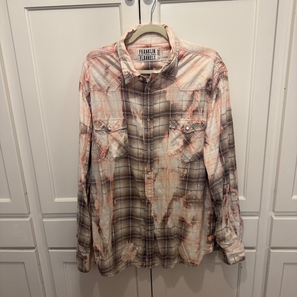 Franklin Flannels XL Bleached Plaid Pearl Snap Western Shirt Grunge Distressed